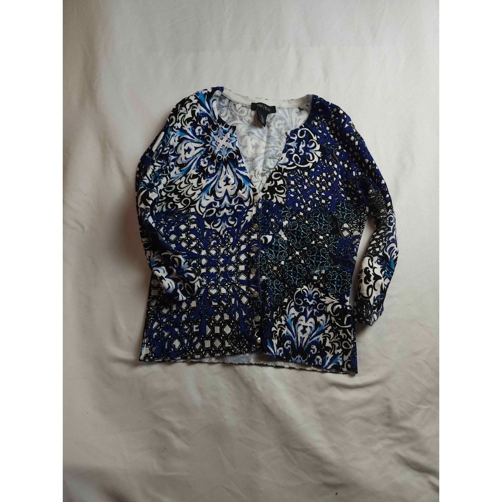 White‎ House Black Market Cardigan Sweater Womens XS Blue Knit Brocade Damask